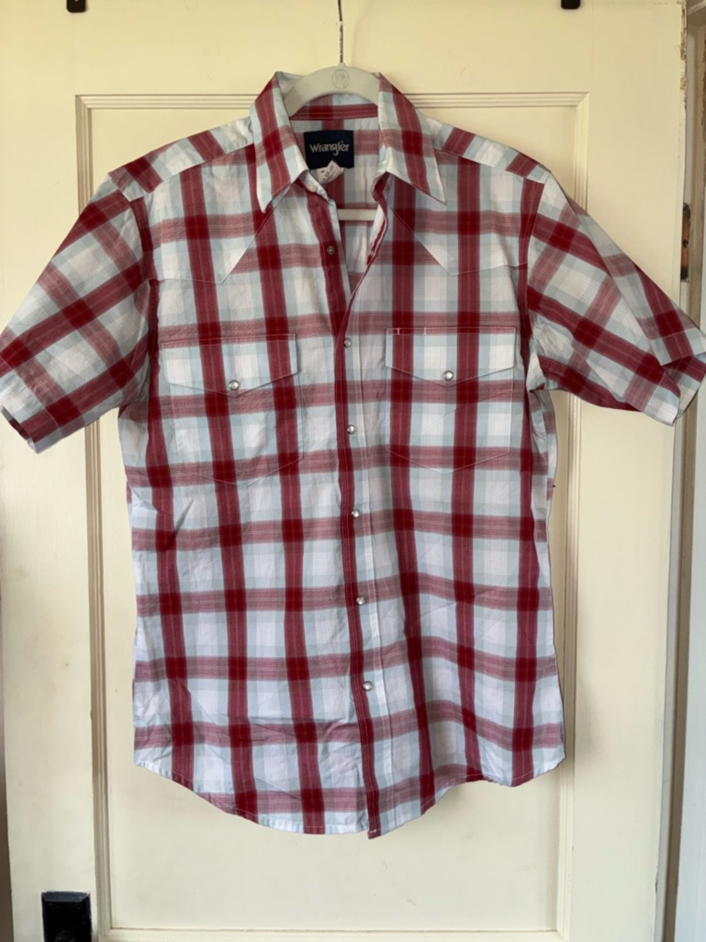 Wrangler Men’s M Red Blue Plaid Short Sleeve Pearl Snap Button Down  Western